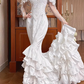 White Vintage Satin Mermaid Wedding Gown, Illusion Boat Neck Lace, Long Lace Sleeves With Large Ruffle Shoulder Accents, Lace Beaded Appliqué, Multi‑Tier Ruffle Mermaid Train, Prom Dress gh8642