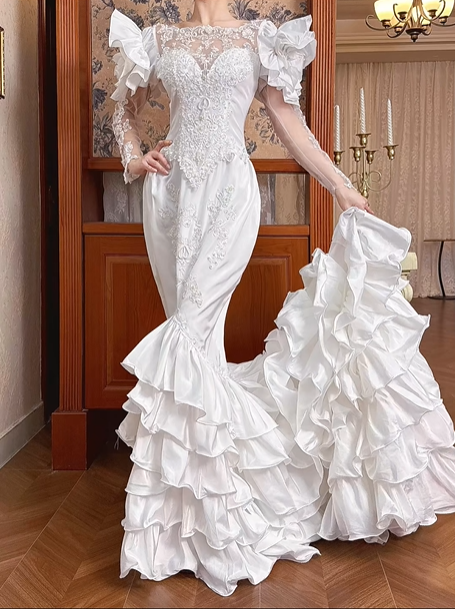 White Vintage Satin Mermaid Wedding Gown, Illusion Boat Neck Lace, Long Lace Sleeves With Large Ruffle Shoulder Accents, Lace Beaded Appliqué, Multi‑Tier Ruffle Mermaid Train, Prom Dress gh8642
