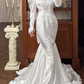 White Vintage Satin Mermaid Wedding Gown, V‑Neck Leg‑of‑Mutton Puff Long Sleeves, Lace Cuffs, Lace Appliqués Fitted Bodice, Floral Lace Embroidery Mermaid Skirt, Scalloped Lace Hem Long Train, Prom Dress gh8664