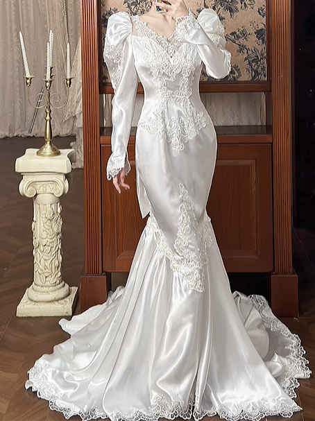 White Vintage Satin Mermaid Wedding Gown, V‑Neck Leg‑of‑Mutton Puff Long Sleeves, Lace Cuffs, Lace Appliqués Fitted Bodice, Floral Lace Embroidery Mermaid Skirt, Scalloped Lace Hem Long Train, Prom Dress gh8664
