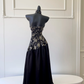 Black Vintage Halter Long Evening Gown, Lace V‑Neck, Gold Floral Jacquard Bodice, Retro Gem Brooch Detail, Mixed Chiffon Maxi Skirt, Party Prom Dress gh8918