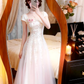White‑Pink Square Neck Short Sleeve Wedding Gown, 3D Floral Lace Embroidery Ombre Tulle A‑Line Long Prom Dress gh9132