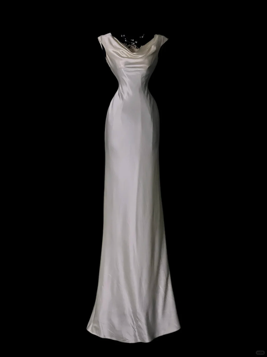 Ivory Vintage Satin Wedding Gown, Cowl Neck Sleeveless, Fitted Waist Mermaid Long Dress, Minimalist Bridal Evening Gown gh8886