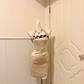 Champagne Satin Halter Short Cocktail Dress, Black Eyelash Lace Trim Sweetheart Neck Crisscross Bodice Sheath Homecoming Party Gown gh9266
