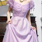 Lavender Vintage Prom Gown, Square Neck Puff Short Sleeves, Ruched Fitted Waist Bodice, Flowy Tulle Full‑Length Skirt With Bow Details, Floor‑Length Evening Prom Dress gh8792