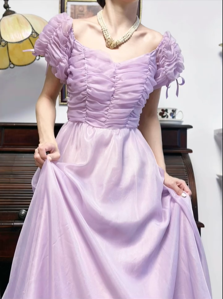 Lavender Vintage Prom Gown, Square Neck Puff Short Sleeves, Ruched Fitted Waist Bodice, Flowy Tulle Full‑Length Skirt With Bow Details, Floor‑Length Evening Prom Dress gh8792
