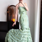 Sage‑Green‑Vintage‑Gown Spaghetti‑Strap Sweetheart‑Neckline Oversized‑Bow‑Bust‑Waist Ruched‑Bodice Multi‑Tier‑Ruffled‑Cake‑Mermaid‑Skirt Crinkled‑Taffeta‑Fabric Sweep‑Train Evening‑Prom‑Dress gh8829