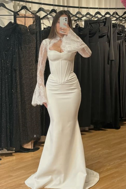 White Long-Sleeved Delicate Lace Long Satin Bodycon Wedding Dress gh6880