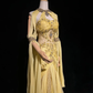 Halter Golden Yellow Prom Dress Sheer Bodice Rhinestone Floral Embroidery Tiered Chiffon Mermaid Formal Gown gh9554