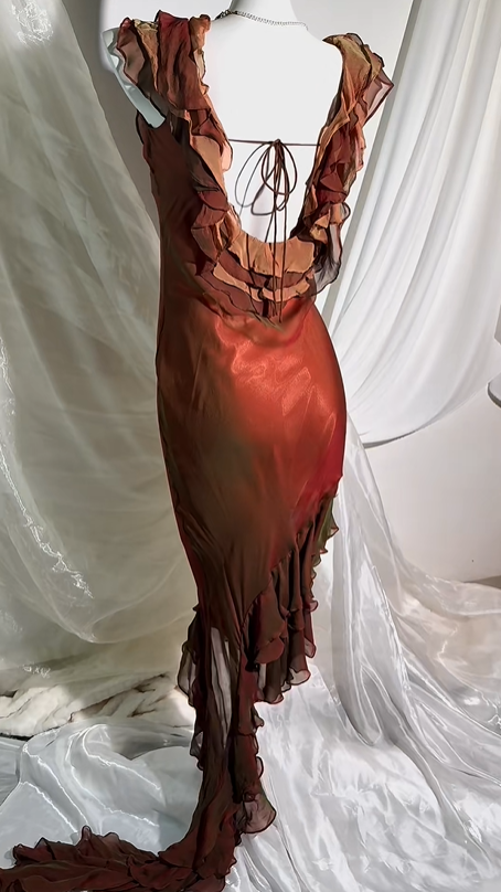 Vintage Orange Red Long Prom & Evening Party Dress, Fitted Waist Slim Silhouette With Train gh8557