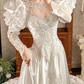 Off‑White Long Puff Sleeve Vintage Fitted Waist Palace‑Style Full Flared Skirt Prom Gown, Wedding Dress gh8594