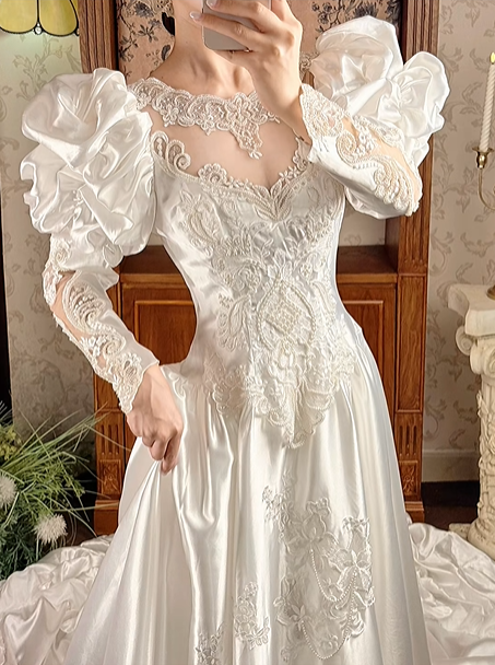 Off‑White Long Puff Sleeve Vintage Fitted Waist Palace‑Style Full Flared Skirt Prom Gown, Wedding Dress gh8594