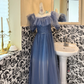 Dusty Blue Off-the-Shoulder Waist-Cinched Long Vintage Romantic Gown gh7553