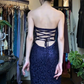 Dark Purple Strapless Long Formal Gown Feather Trim Jacquard A-Line Evening Dress gh9652