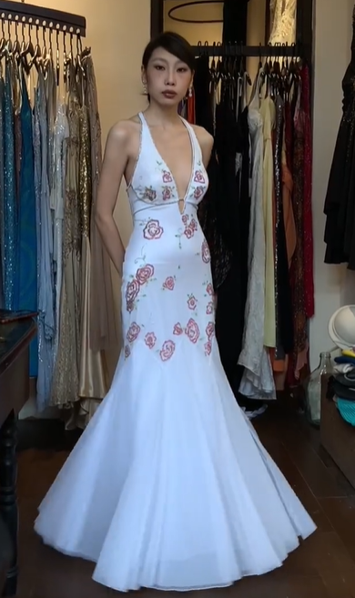 Halter Deep V White Mermaid Prom Dress Pink Rose Floral Embroidery Formal Evening Gown gh9804