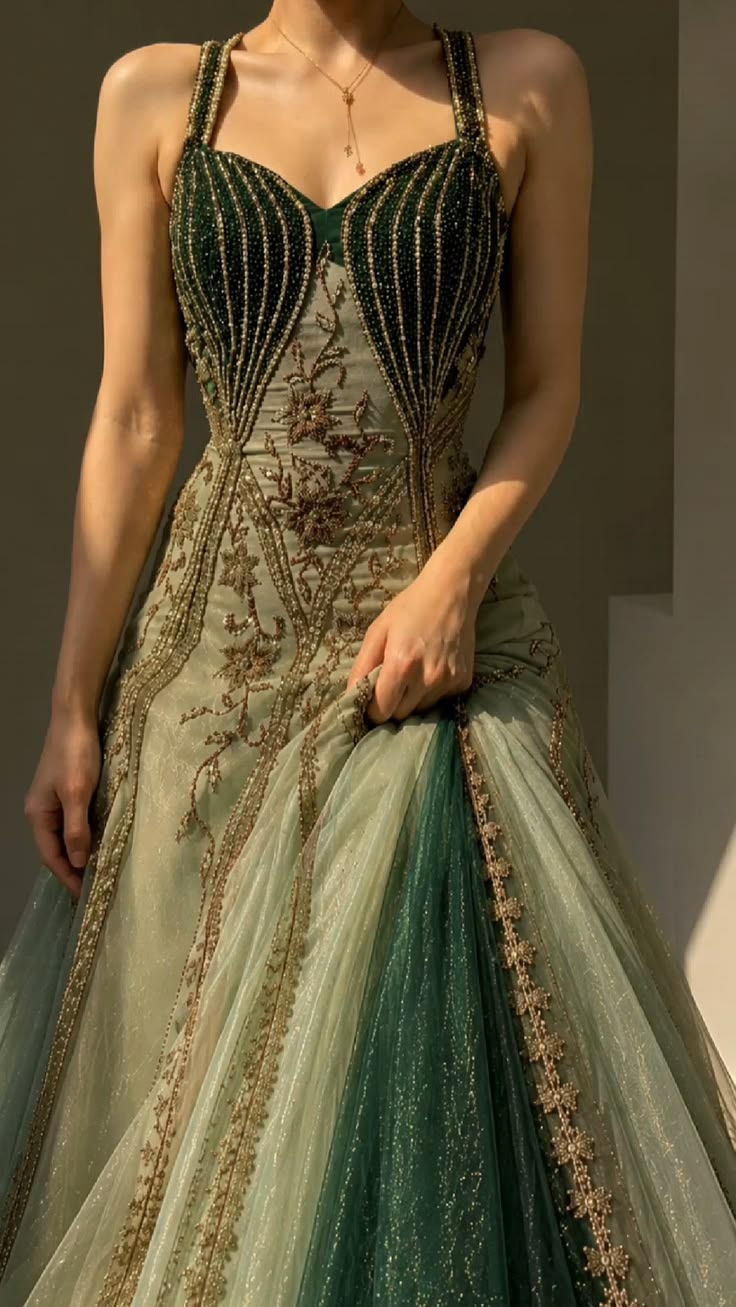 ✨Girlhomeshops-Sweetheart Dark Green Ombre Gold Beaded Glitter Tulle Long Prom Gown gh10234