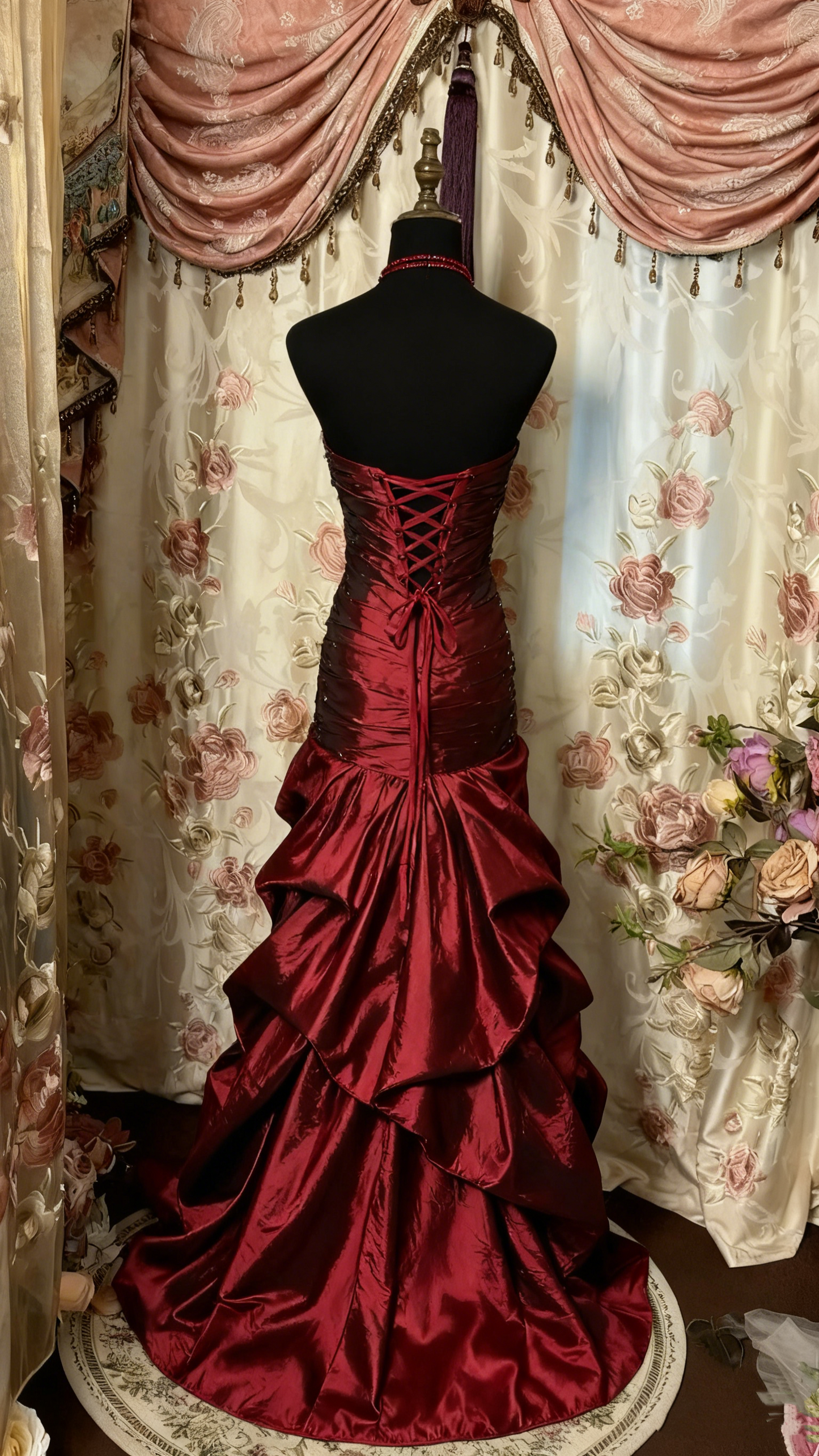 Rotes, glänzendes, elegantes, langes Ballkleid-Abendkleid aus Satin im Retro-Stil, gh3101