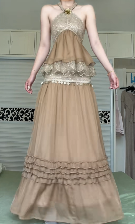 Khaki Halter Neck Vintage Tiered Long Evening Gown, Sequin Mesh Lace Ruffled Boho Formal Prom Dress gh8994