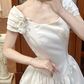 White Vintage Satin Ball Gown Wedding Prom Dress, Square Off‑the‑Shoulder Puff Sleeves, 3D Fabric Roses, Voluminous Pleated Skirt gh8708
