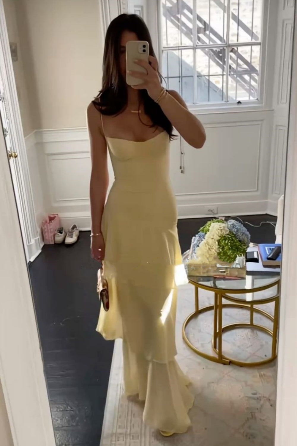 girlhomeshops-Yellow casual ruffled long chiffon dress gh5860