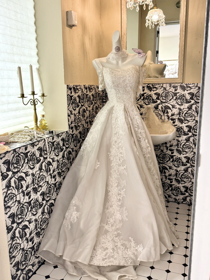 White Off-the-Shoulder Exquisite Embroidered Waist-Cinched Full Flared Skirt Long Romantic Dress, Wedding Gown gh7761