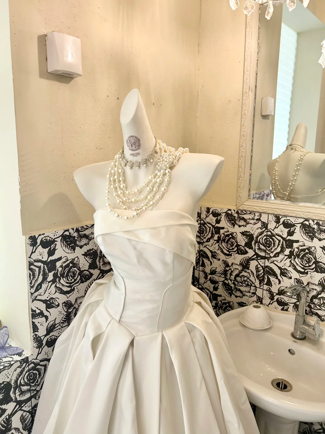 White Satin Strapless Cinched Waist Full Flared Skirt Long Elegant Romantic Dress, Wedding Gown gh7814