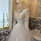 Ivory V-Neck Lace Long Sleeve Waist-Cinched Voluminous Skirt Long Romantic Dress, Wedding Gown gh7606