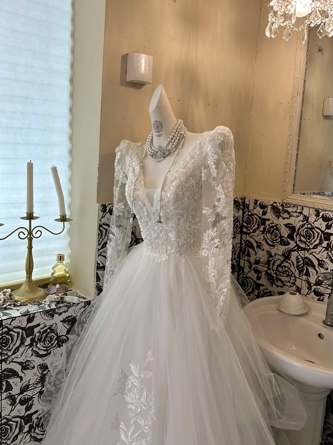 Ivory V-Neck Lace Long Sleeve Waist-Cinched Voluminous Skirt Long Romantic Dress, Wedding Gown gh7606