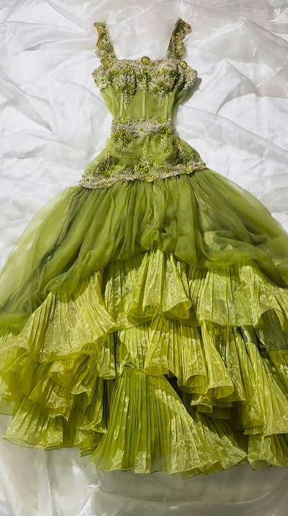 Elegant Vintage Light Green Spaghetti Strap Beaded Fitted Waist Prom & Evening Party Dress gh8506