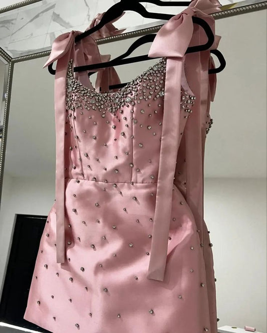 Pink Luxury Shiny Cute Short Bow Spaghetti Strap Slim Fit Homecoming Dress Evening Dress Party Dress Prom Dress gh3317