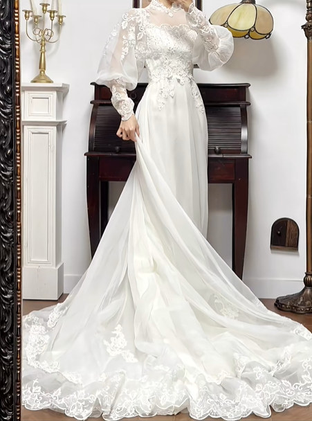 Ivory Vintage Lace Mock‑High‑Neck Puff‑Sleeve Double‑Lace‑Trim Long Train Wedding Dress gh8771