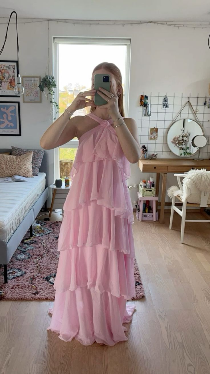 Robe de bal trapèze rose à volants pour femme, robe de soirée dos nu rose gh2906