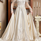 Champagne Vintage Satin Wedding Gown, Illusion Lace High Neck Over Sweetheart Neck, Puff Shoulder Lace Long Sleeves, Gold‑Thread Lace Appliqué Pointed Waist, A‑Line Satin Long Train With Ruffle Lace Hem, Prom Dress gh8651