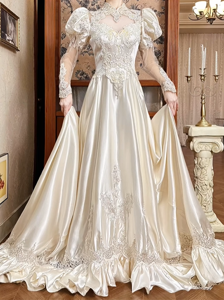 Champagne Vintage Satin Wedding Gown, Illusion Lace High Neck Over Sweetheart Neck, Puff Shoulder Lace Long Sleeves, Gold‑Thread Lace Appliqué Pointed Waist, A‑Line Satin Long Train With Ruffle Lace Hem, Prom Dress gh8651