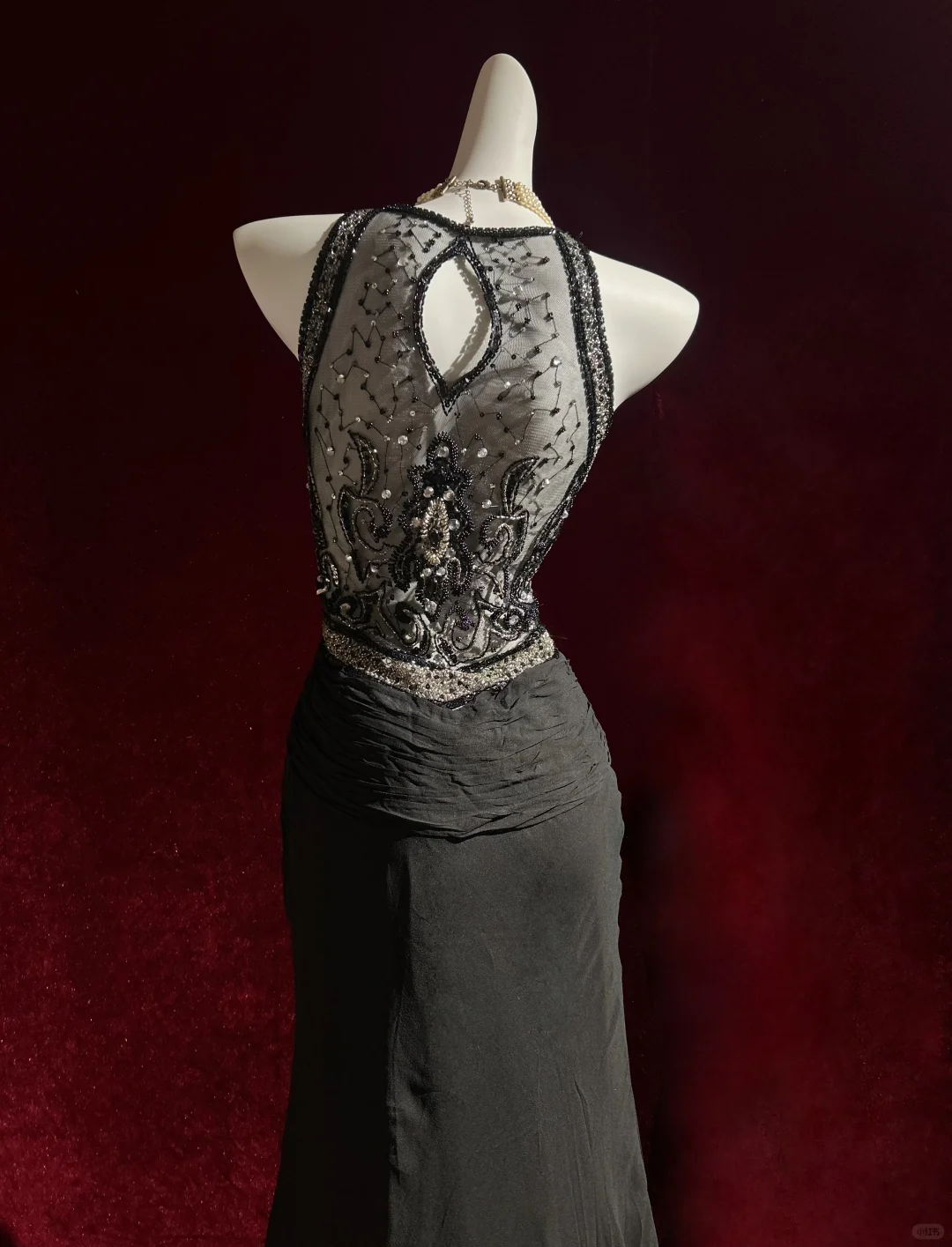 ✨Girlhomeshops-Black Halter Beaded Mermaid Gown Chiffon Lace Gatsby Style gh10148