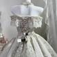 White Off Shoulder Midi Princess Gown, Lace Puff Sleeve Heavy Beaded Sequin A-Line Tulle Party Dress gh9284