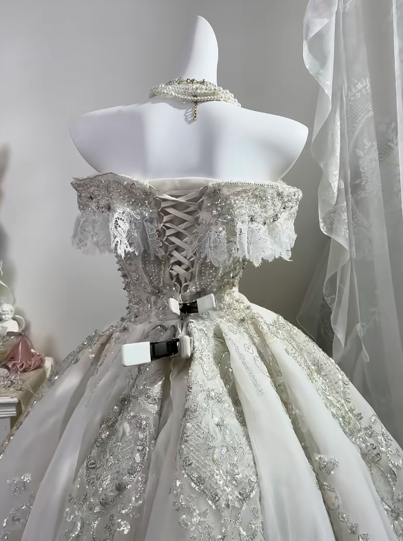 White Off Shoulder Midi Princess Gown, Lace Puff Sleeve Heavy Beaded Sequin A-Line Tulle Party Dress gh9284