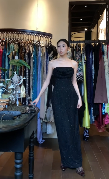 Black Strapless Long Formal Gown Ruched Bust Tiny Beaded Slim Evening Dress gh9642