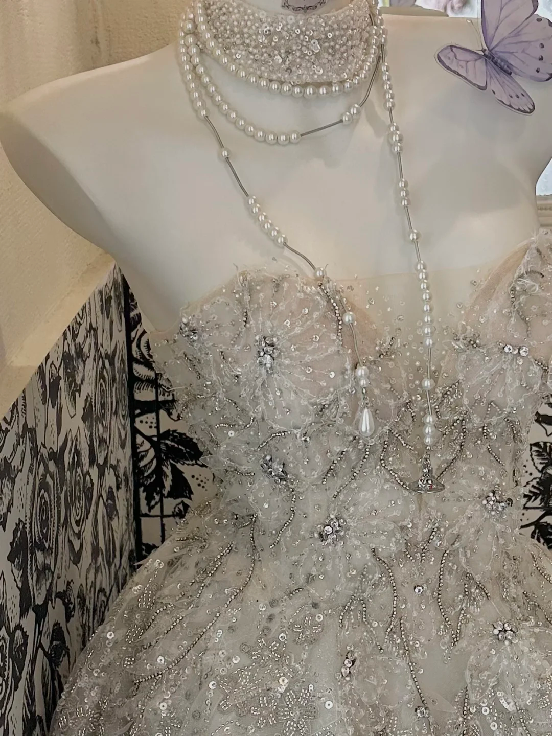 Silver Grey Strapless Rhinestone Cinched Waist Full Flared Skirt Long Romantic Dress, Wedding Gown gh7798