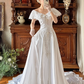 White Satin Vintage Off‑the‑Shoulder V‑Neck Lace Fitted Waist Full Flared Train Prom Gown, Wedding Dress gh8609