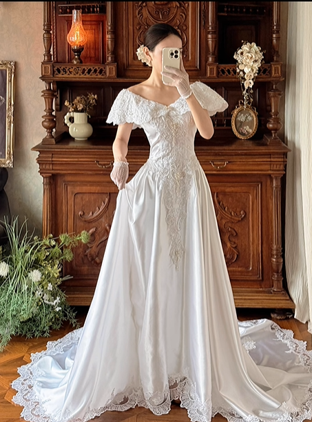 White Satin Vintage Off‑the‑Shoulder V‑Neck Lace Fitted Waist Full Flared Train Prom Gown, Wedding Dress gh8609