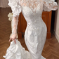 White Vintage Satin Mermaid Wedding Gown, Illusion Boat Neck Lace, Long Lace Sleeves With Large Ruffle Shoulder Accents, Lace Beaded Appliqué, Multi‑Tier Ruffle Mermaid Train, Prom Dress gh8642