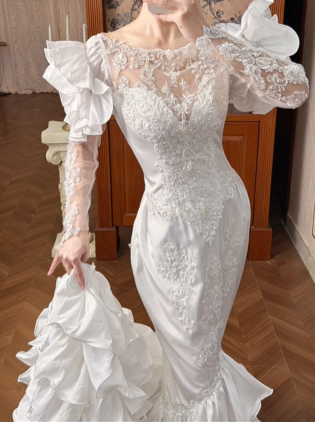 White Vintage Satin Mermaid Wedding Gown, Illusion Boat Neck Lace, Long Lace Sleeves With Large Ruffle Shoulder Accents, Lace Beaded Appliqué, Multi‑Tier Ruffle Mermaid Train, Prom Dress gh8642