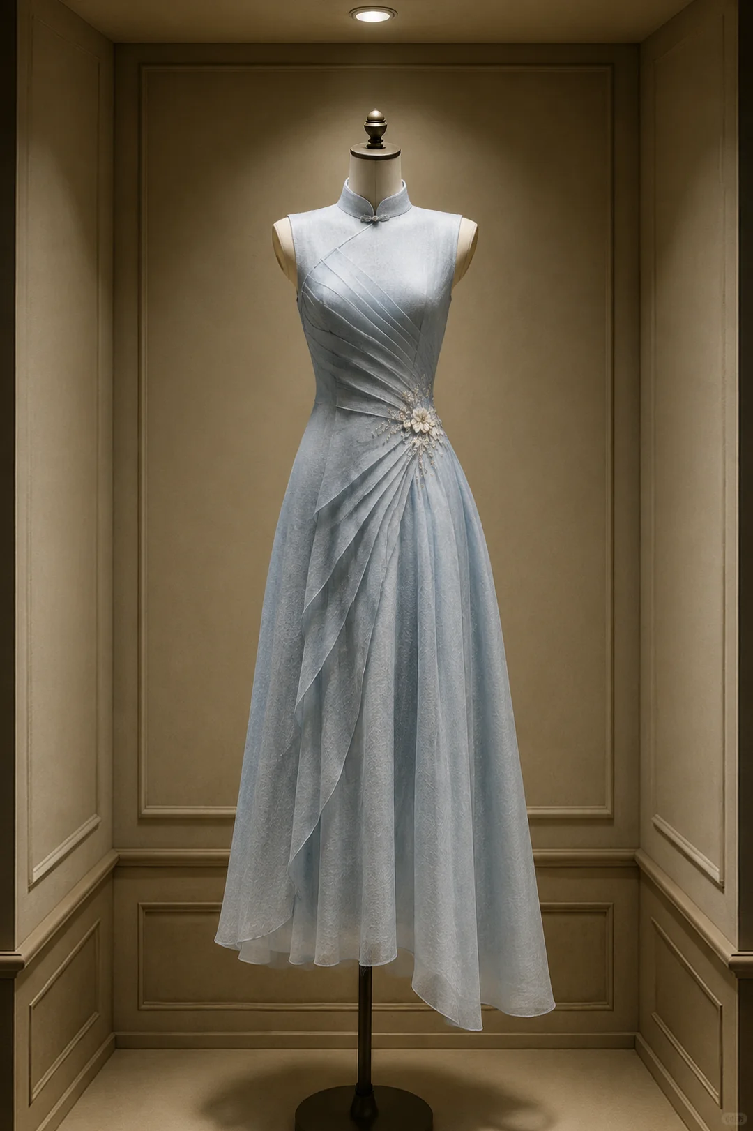 ✨Girlhomeshops-Light Ice Blue Pleated Floral Beaded Chiffon Midi Cheongsam Qipao gh10438