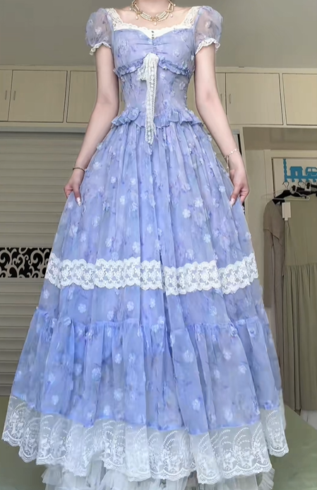 Lavender 3D Floral Vintage Princess Long Gown, Square Neck Puff Short Sleeve Lace Bow Tiered Cake Skirt Formal Prom Dress gh8981