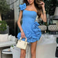 Blue/Black/White Floral Fashion Short Satin Homecoming Dress Birthday Party Dress gh4852