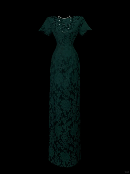 Dark Green Vintage Jacquard Maxi Gown, Square Neck, Cap Short Sleeves, All‑Over Floral Scroll Jacquard Fabric, Fitted Waist Sheath Maxi Silhouette, Retro Noble Evening Prom Photoshoot Dress gh8865