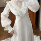 Ivory Vintage Lace Wedding Gown, Mock Neck Illusion Lace Keyhole V‑Neck, Puff Lantern Long Sleeves With Ruffle Cuffs, High Waist Lace Trim Long Train, Tiered Ruffle Flared Skirt, Prom Dress gh8656