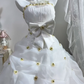 White Halter Long Wedding Dress, Ruched Bodice With Gold Floral Beads, Big Bow Tiered Organza Cake Skirt Bridal Ball Gown gh9269