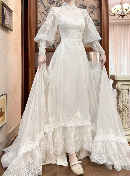 Ivory Vintage Lace Tulle A‑Line Wedding Prom Dress, Mock Two‑Piece Lace High Neck, Puff Outer Sleeves Lace Inner Sleeves, Lace Beaded Long Train gh8704